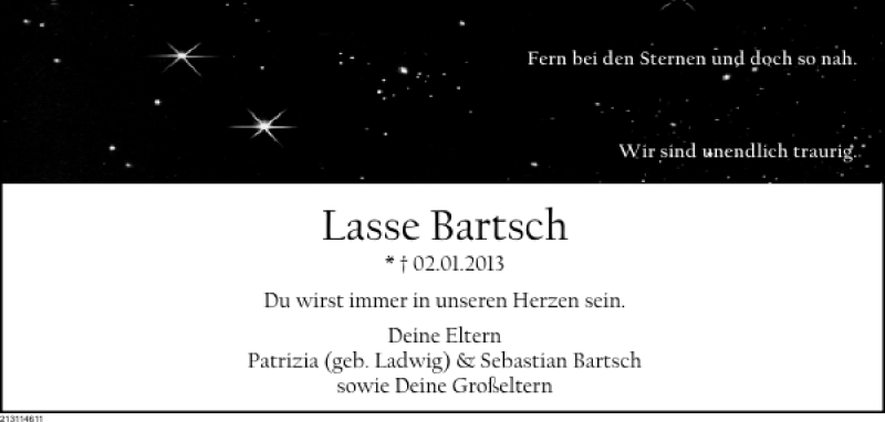 Traueranzeige für Lasse Bartsch vom 26.01.2013 aus Deister- und Weserzeitung