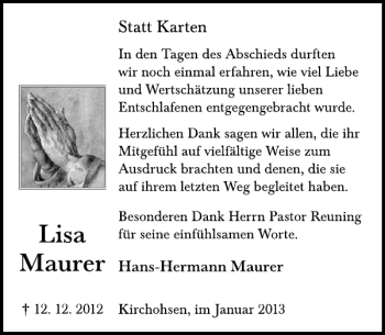 Traueranzeige von Lisa Maurer von Deister- und Weserzeitung