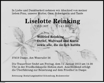 Traueranzeige von Liselotte Reinking von Deister- und Weserzeitung