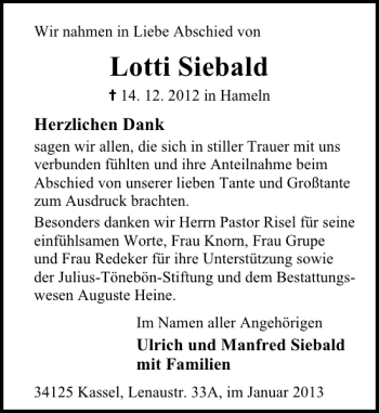Traueranzeige von Lotti Siebald von Deister- und Weserzeitung