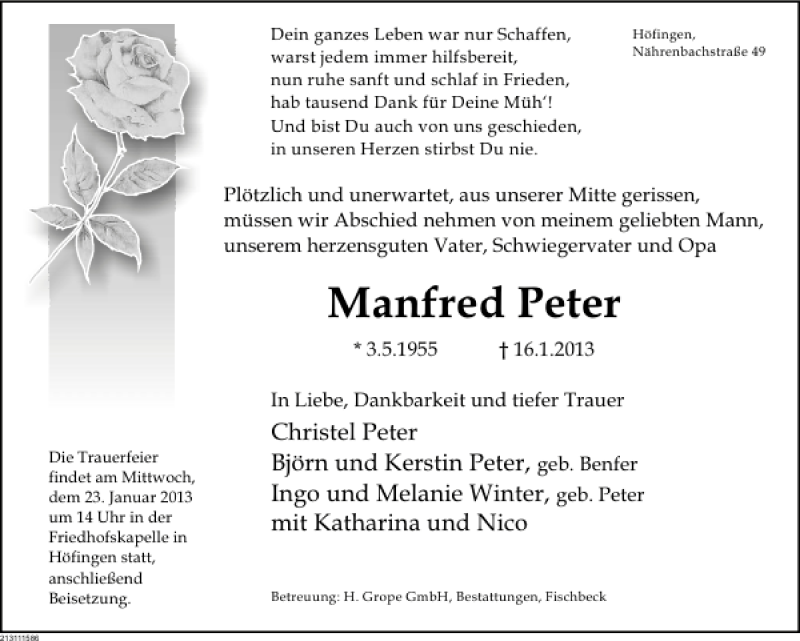  Traueranzeige für Manfred Peter vom 19.01.2013 aus Deister- und Weserzeitung