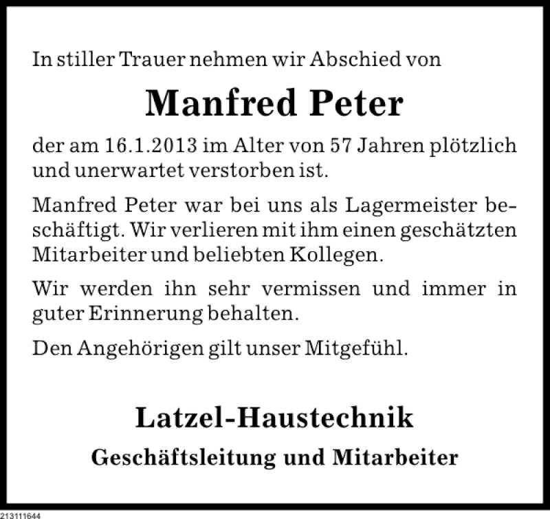  Traueranzeige für Manfred Peter vom 19.01.2013 aus Deister- und Weserzeitung
