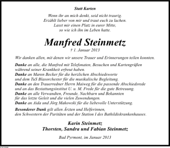 Traueranzeige von Manfred Steinmetz von Deister- und Weserzeitung