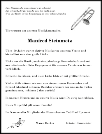 Traueranzeige von Manfred Steinmetz von Deister- und Weserzeitung