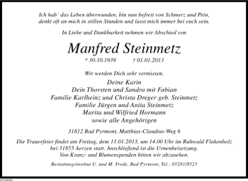 Traueranzeige von Manfred Steinmetz von Deister- und Weserzeitung