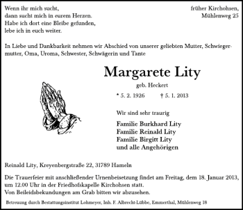 Traueranzeige von Margarete Lity von Deister- und Weserzeitung