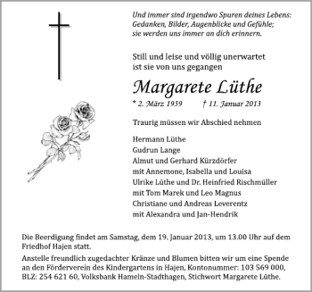 Traueranzeige von Margarete Lüthe von Deister- und Weserzeitung