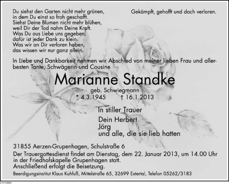  Traueranzeige für Marianne Standke vom 18.01.2013 aus Deister- und Weserzeitung