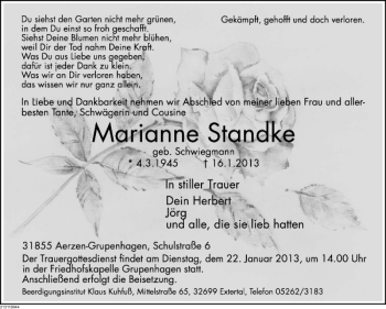 Traueranzeige von Marianne Standke von Deister- und Weserzeitung