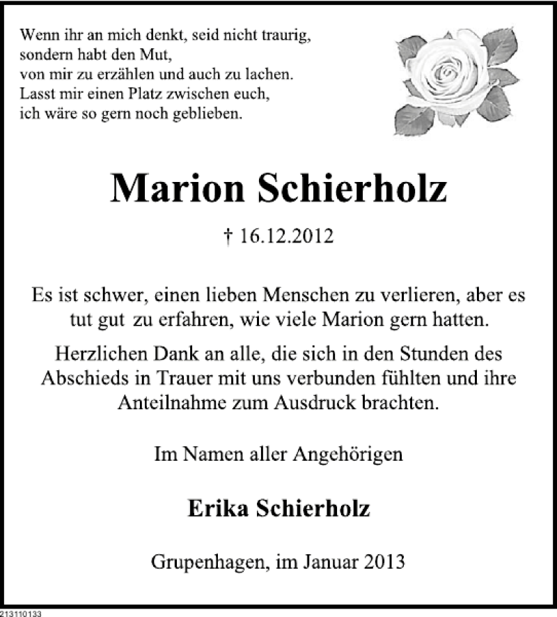  Traueranzeige für Marion Schierholz vom 19.01.2013 aus Deister- und Weserzeitung