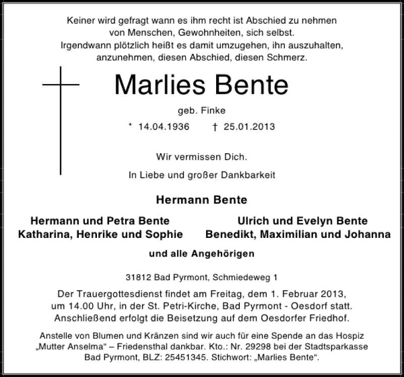  Traueranzeige für Marlies Bente vom 28.01.2013 aus Deister- und Weserzeitung