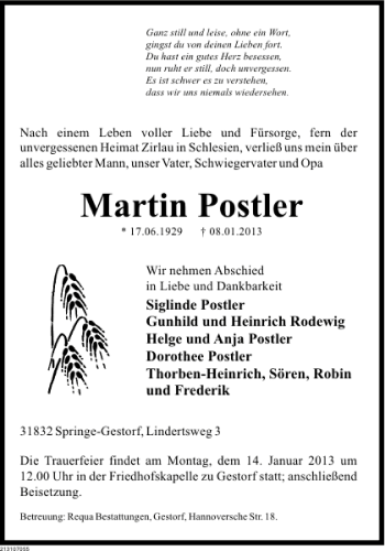 Traueranzeige von Martin Postler von Deister- und Weserzeitung