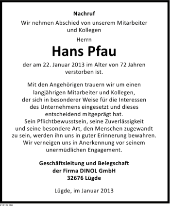 Traueranzeige von Nachruf Pfau von Deister- und Weserzeitung