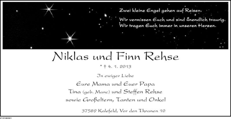  Traueranzeige für Niklas und Finn Rehse vom 12.01.2013 aus Deister- und Weserzeitung