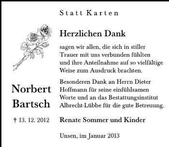 Traueranzeige von Norbert Bartsch von Deister- und Weserzeitung