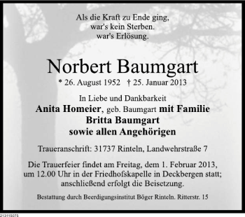 Traueranzeige von Norbert Baumgart von Deister- und Weserzeitung
