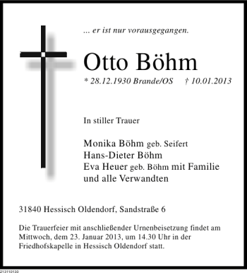 Traueranzeige von Otto Böhm von Deister- und Weserzeitung