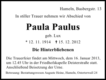 Traueranzeige von Paula Paulus von Deister- und Weserzeitung