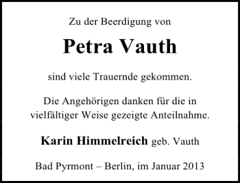 Traueranzeige von Petra Vauth von Deister- und Weserzeitung