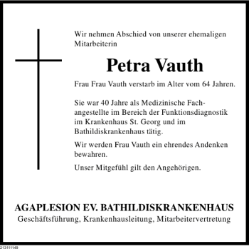 Traueranzeige von Petra Vauth von Deister- und Weserzeitung