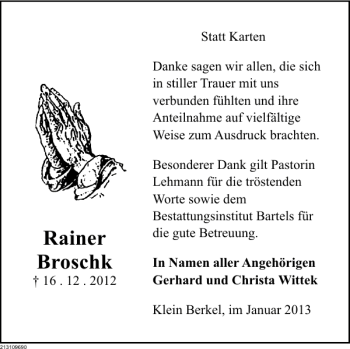 Traueranzeige von Rainer Broschk von Deister- und Weserzeitung