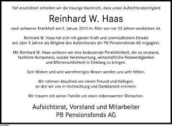 Traueranzeige von Reinhard W. Haas von Deister- und Weserzeitung