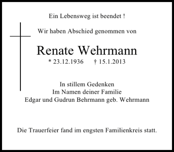 Traueranzeige von Renate Wehrmann von Deister- und Weserzeitung
