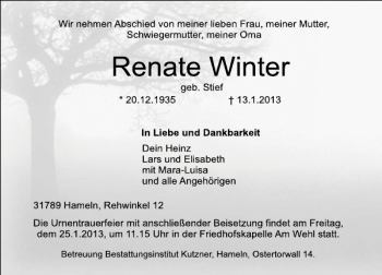 Traueranzeige von Renate Winter von Deister- und Weserzeitung