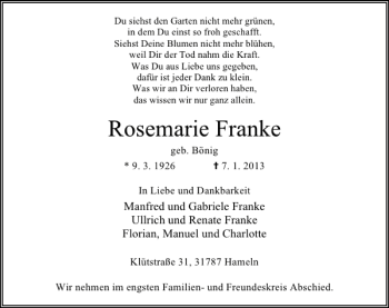 Traueranzeige von Rosemarie Franke von Deister- und Weserzeitung