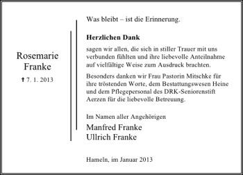 Traueranzeige von Rosemarie Franke von Deister- und Weserzeitung