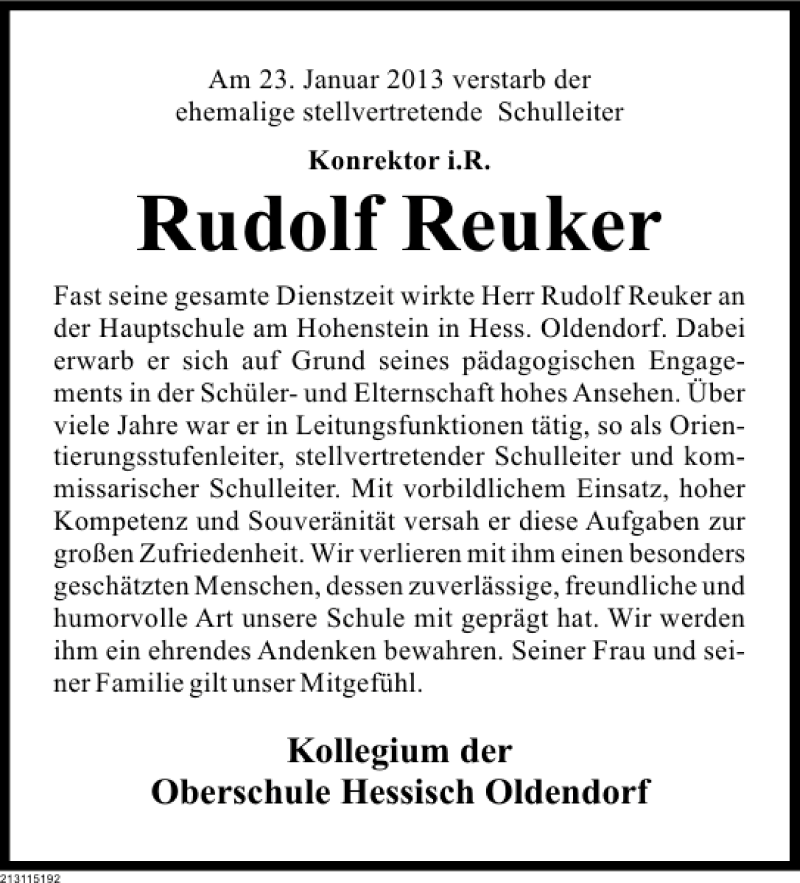  Traueranzeige für Rudolf Reuker vom 29.01.2013 aus Deister- und Weserzeitung