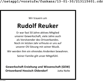 Traueranzeige von Rudolf Reuker von Deister- und Weserzeitung