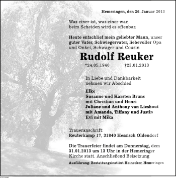 Traueranzeige von Rudolf Reuker von Deister- und Weserzeitung