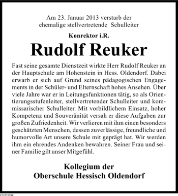 Traueranzeige von Rudolf Reuker von Deister- und Weserzeitung