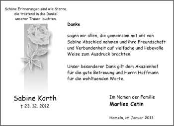 Traueranzeige von Sabine Korth von Deister- und Weserzeitung