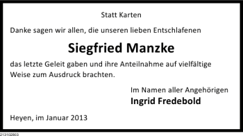 Traueranzeige von Siegfried Manzke von Deister- und Weserzeitung