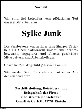 Traueranzeige von Sylke Jung von Deister- und Weserzeitung