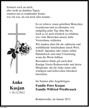 Traueranzeige von TDK Anke Kasjan von Deister- und Weserzeitung