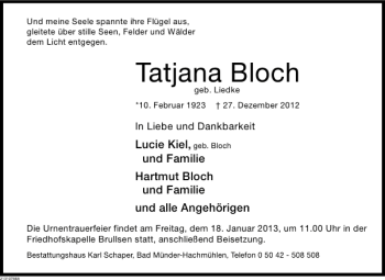 Traueranzeige von Tatjana Bloch von Deister- und Weserzeitung