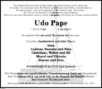 Traueranzeige von Udo Pape von Deister- und Weserzeitung