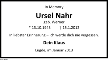 Traueranzeige von Ursel Nahr von Deister- und Weserzeitung