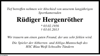 Traueranzeige von Vorsatz Rüdiger Hergenröther von Deister- und Weserzeitung