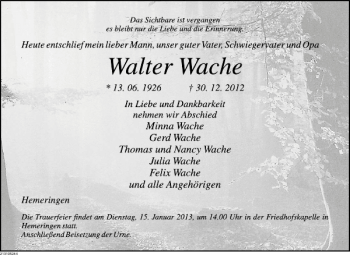 Traueranzeige von Walter Wache von Deister- und Weserzeitung