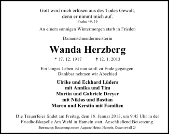 Traueranzeige von Wanda Herzberg von Deister- und Weserzeitung