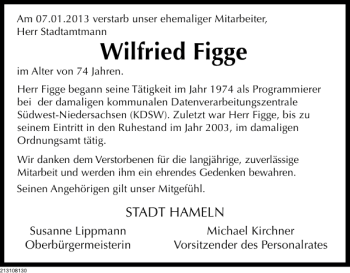 Traueranzeige von Wilfried Figge von Deister- und Weserzeitung