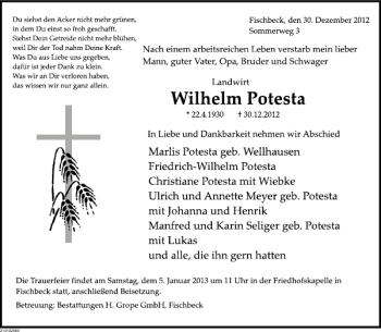 Traueranzeige von Wilhelm Potesta von Deister- und Weserzeitung