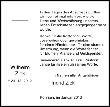 Traueranzeige von Wilhelm Zick von Deister- und Weserzeitung