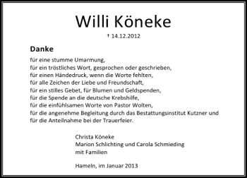 Traueranzeige von Willi Könecke von Deister- und Weserzeitung