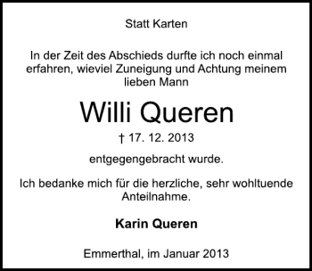 Traueranzeige von Willi Queren von Deister- und Weserzeitung