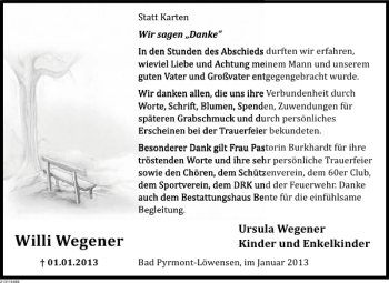 Traueranzeige von Willi Wegener von Deister- und Weserzeitung